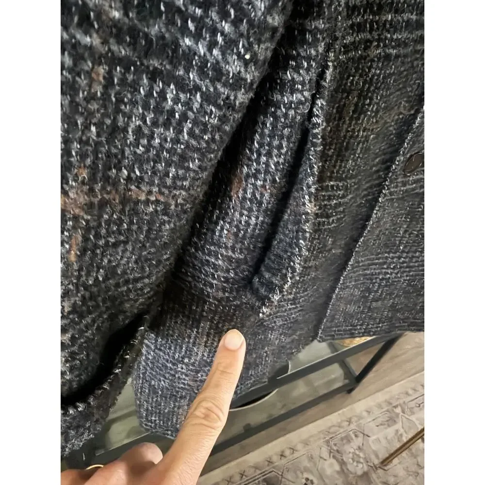 J.Crew Thompson Coat Mens 44 Gray Black Plaid Wool Blend Tweed Overcoat Lined